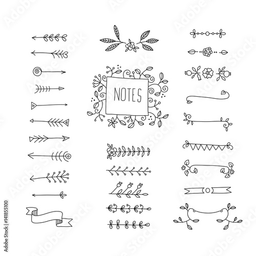 Collection of handdrawn borders made and arrows. Design elements for cards and invitations. Vector illustration