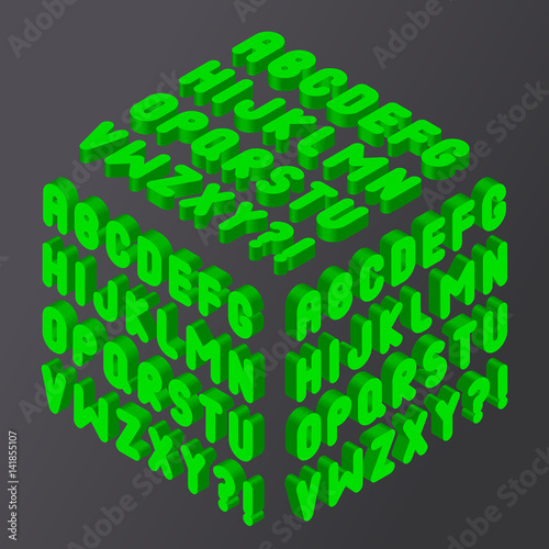 Green bubble 3d font. Vector alphabet isolated on black background