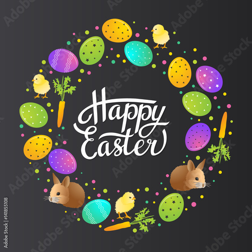 Easter greeting card. Basket with colorful eggs and bunny. Vector illustration