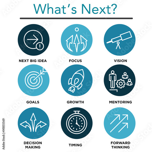 What's Next Icon Set with Big Idea, Mentoring, Decision Making, and Forward Thinking etc Icons