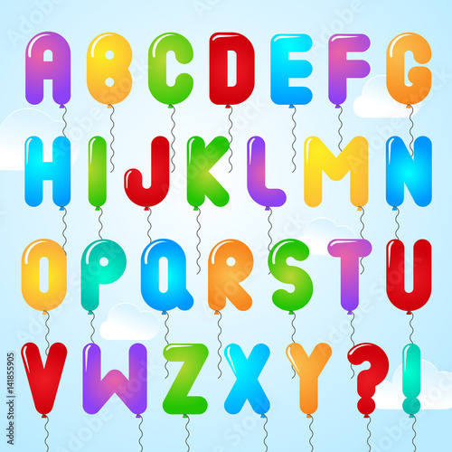 Colorful type font set and symbols balloons. Balloons for birthday, carnival, celebration, anniversary and holiday party background. Vector illustration
