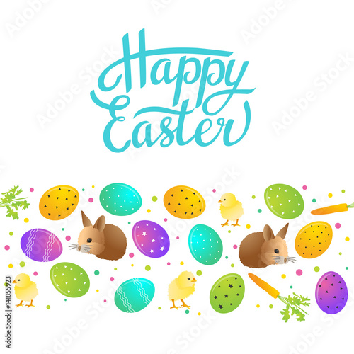 Easter greeting card. Basket with colorful eggs and bunny. Vector illustration