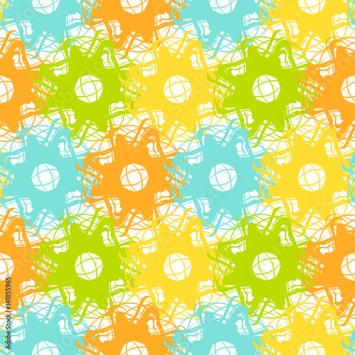 Seamless abstract pattern from large elements of turquoise, orange, yellow and green. Modern pattern for wallpaper or textile.