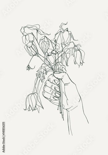 withered flowers in her hand, gone feeling concept. Hand drawn illustrations