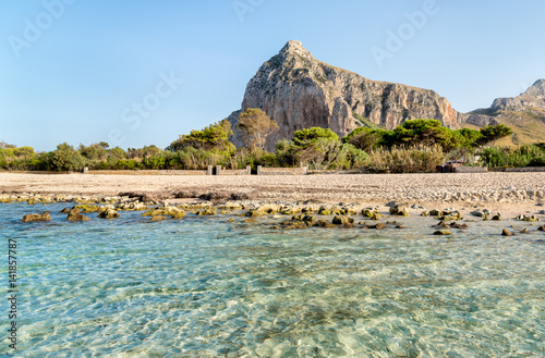 View of San Vito Lo Capo beach, with Monte Monaco in background, Sicily, Italy