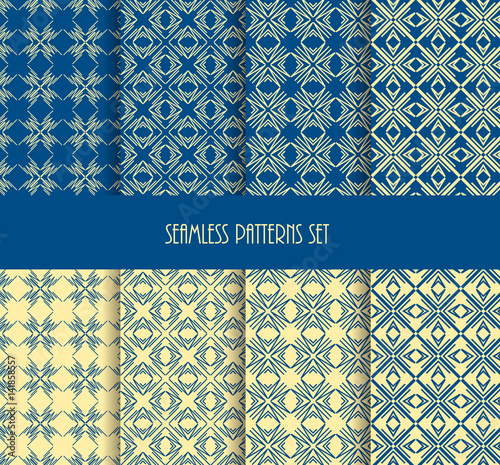 Repeatable geometric style. Stylish blue yellow color seamless pattern set