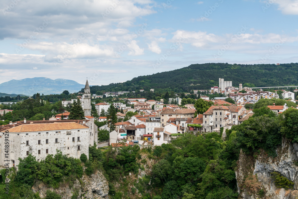 Pazin Castle Montecuccoli, panorama of old town districts, and canyon Pazinska Jama in Pazin, Croatia