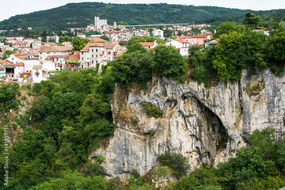 Canyon Pazinska Jama, mountains and aerial view of old districts of Pazin, Historical center of Istria, Croatia