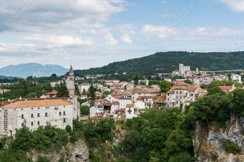 Pazin Castle Montecuccoli, panorama of old town districts, and canyon Pazinska Jama in Pazin, Croatia