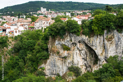 Canyon Pazinska Jama, mountains and aerial view of old districts of Pazin, Historical center of Istria, Croatia photo