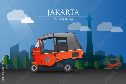 Vector illustration  orange Bajay a three-wheeled transportation that characterizes the city of Jakarta.