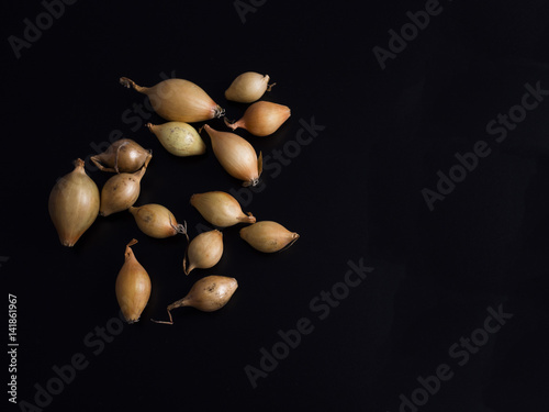 Small onions isolated on black background