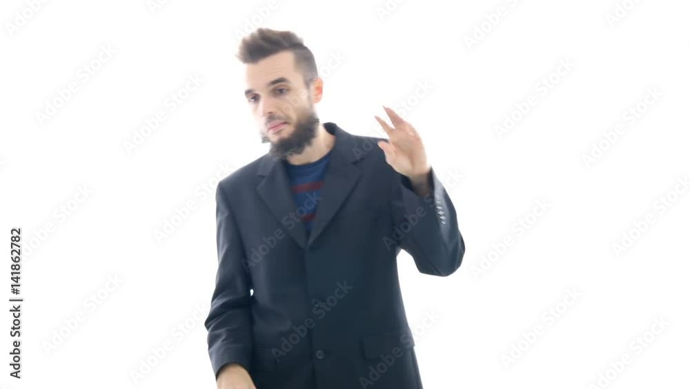 Bored bearded funny man in suit gesturing blah blah blah, studio isolated on white background. Bored bearded funny man in suit gesturing blah blah blah, studio isolated on white background.