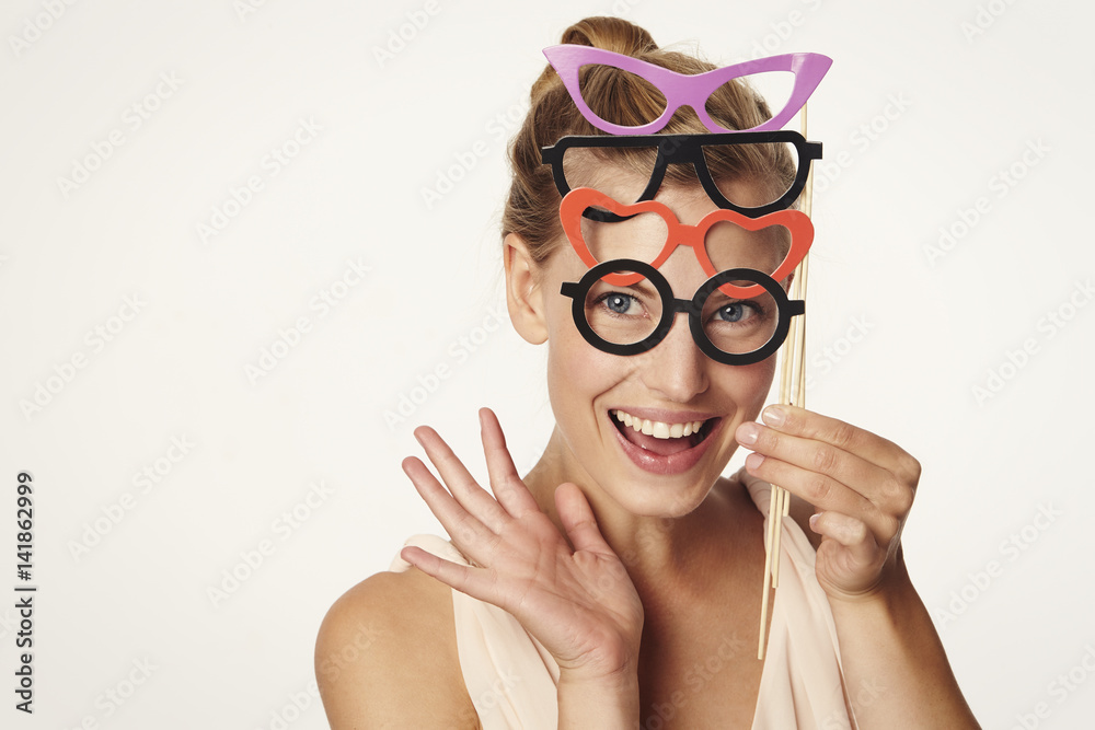 Obraz premium Beautiful woman with glasses disguise, smiling