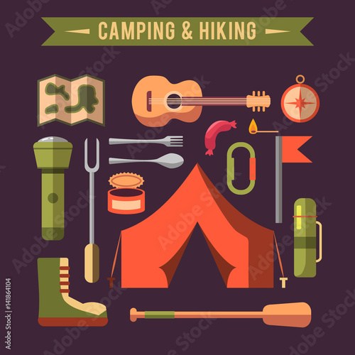 Camping flat set with hiking equipment vector icons set