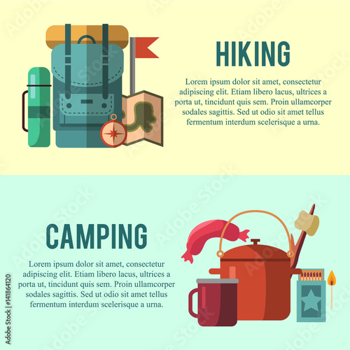 Camping flat set with hiking equipment vector icons set