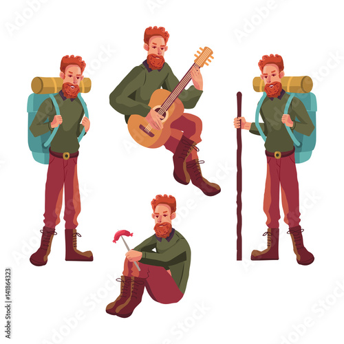 Camping flat set with hiking equipment vector icons set