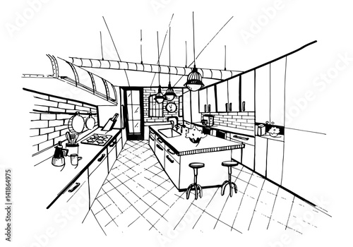 Modern kitchen interior in loft style. Hand drawn sketch illustration.