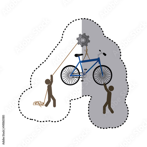 sticker colorful workers with pulley holding bicycle vector illustration
