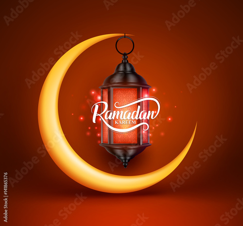 Ramadan kareem vector greetings design with lantern or fanoos hanging in yellow crescent moon in red background. Vector illustration.
