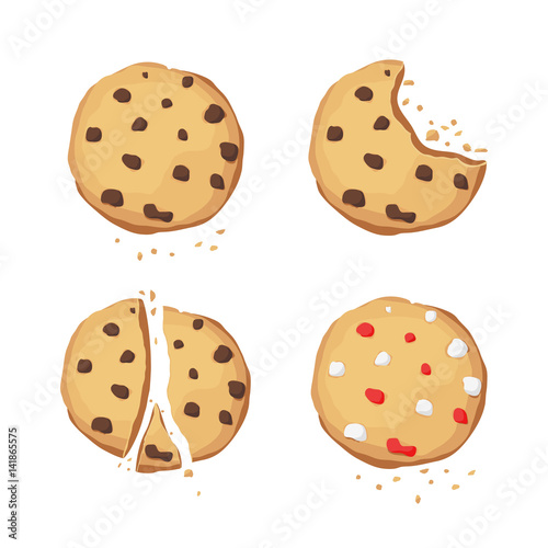 A set of chocolate cookies. Bitten, broken. Choco cookie icon. Vector illustration