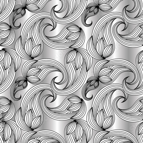 Paisleys seamless pattern. Silver background wallpaper illustration with black line art hand drawn striped flowers and vintage ornaments. Light luxury texture for fabrics, textile.