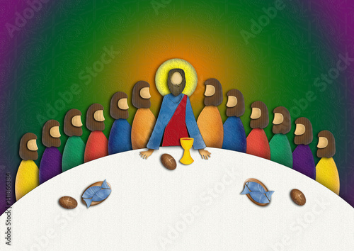Last supper of Jesus Christ with apostles. Modern textured abstract digital illustration. photo