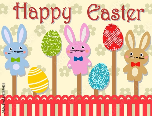 Happy Easter card or banner with traditional symbols. Vector illustration