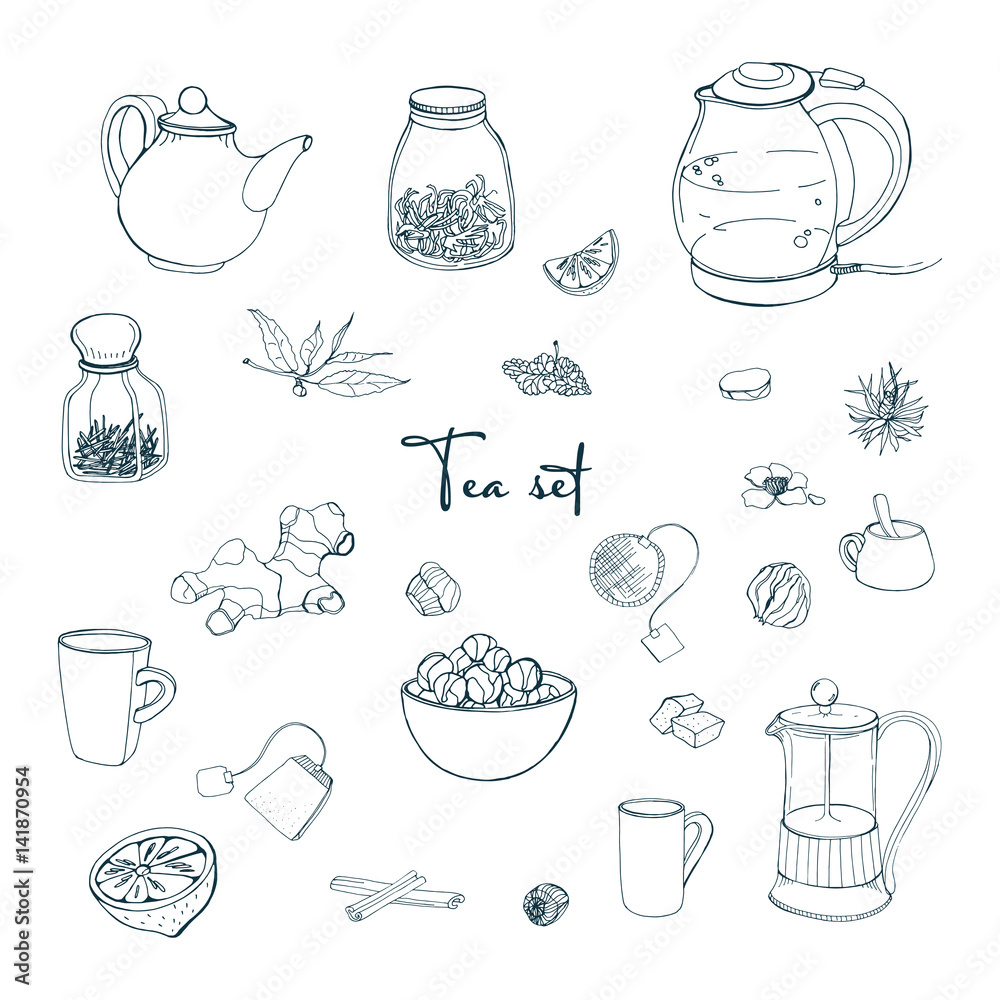 Set tea party objects. Collection with hand drawn kettle,jar,lemon,leaf