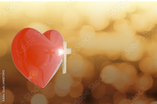 3D rendering of heart with golden cross on abstract background with copy space