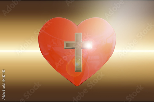 3D rendering of heart with golden cross on abstract background