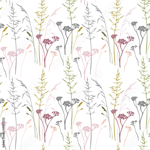 Vector floral seamless pattern with  wild meadow dry grasses outlines . Pink,...