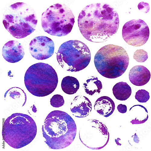 Set of watercolor violet, dark purple circles.