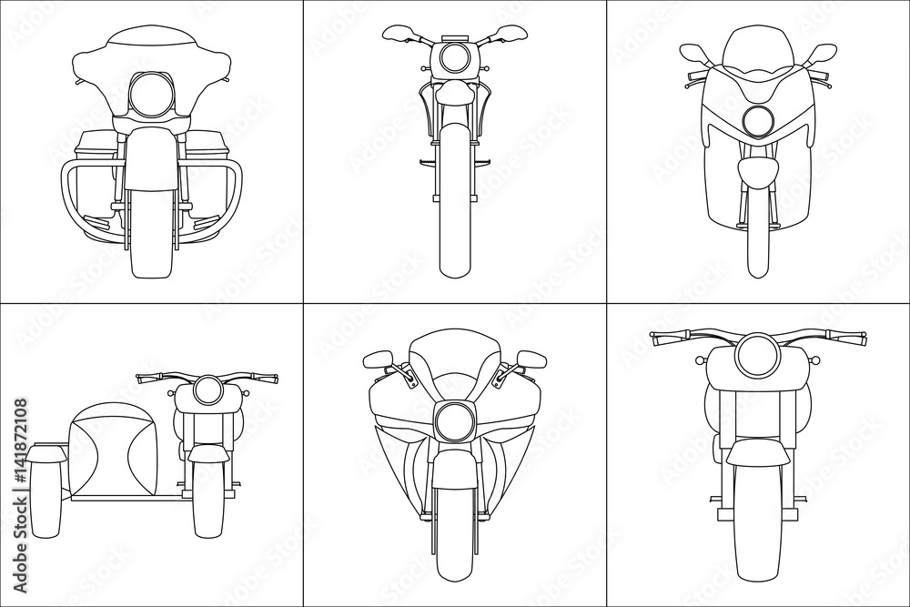 Obraz premium Different kinds motorcycles front view kid's painting canvas set vector illustration