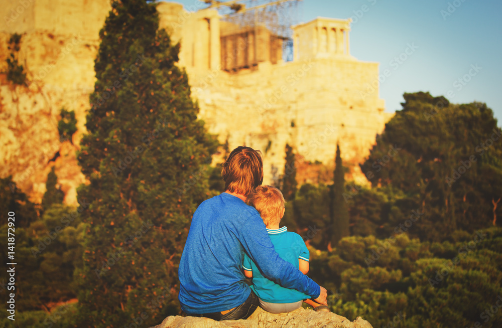 father and son travel in Acropolis, Athens, Greece