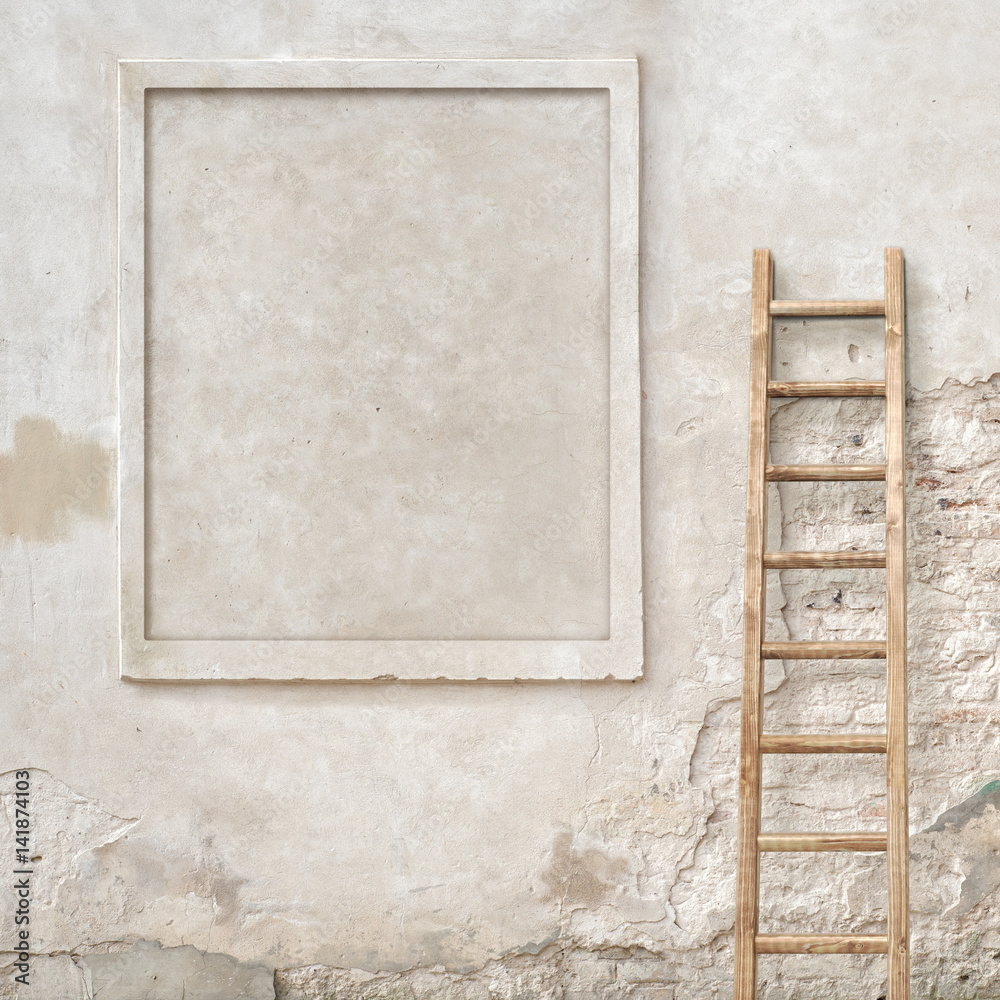Fototapeta premium weathered stucco wall with wooden ladder background