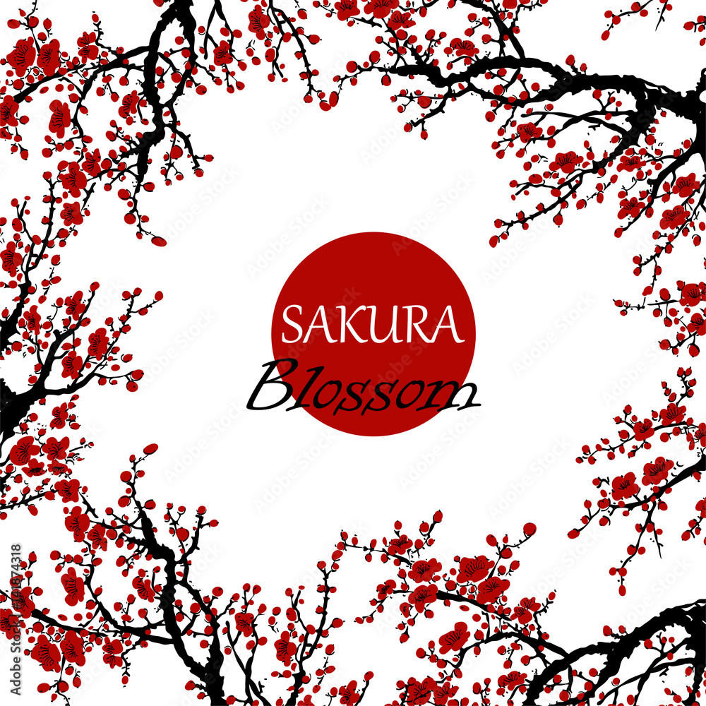Fototapeta premium Sakura Japanese Cherry Branch with Blooming Flowers. Festive Frame Poster. Vector
