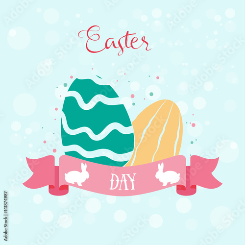 Happy Easter greetings card with two eggs, bunny and ribbon