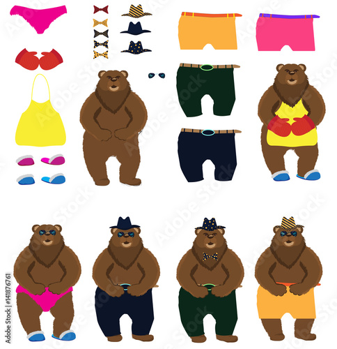 Vector bear boy with his cloth set. For paper doll, dress up games.