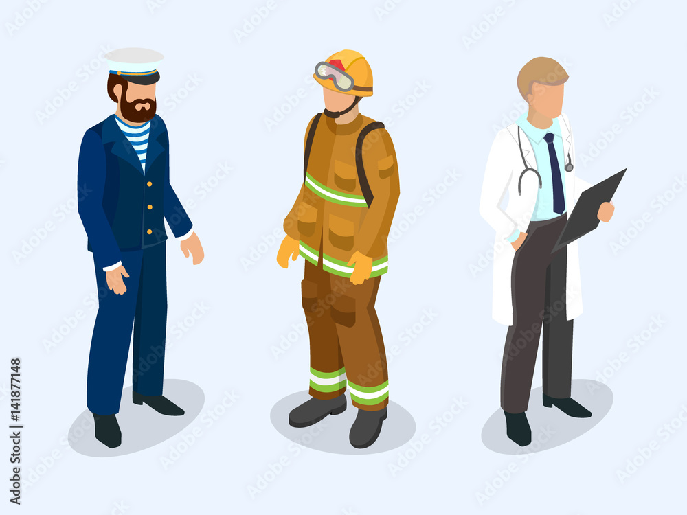 Sailor, firefighter and doctor as professional people.
