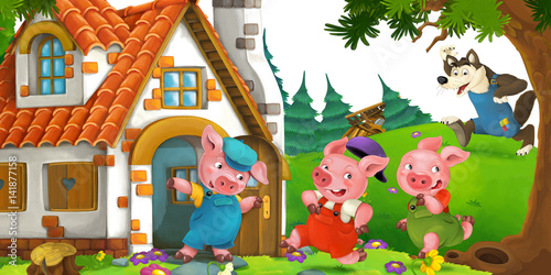 Fototapeta Naklejka Na Ścianę i Meble -  cartoon scene with pigs escaping from wolf to a cottage