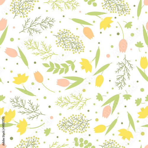Fototapeta Naklejka Na Ścianę i Meble -  Seamless pattern. Flower spring background. Green branches and leaves, narcissus, mimosa and tulips on a white background, vector illustration.