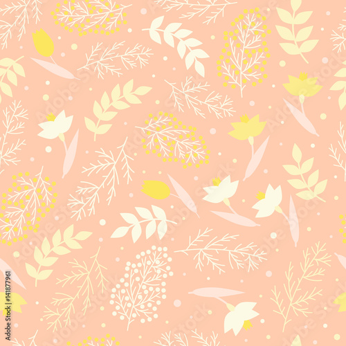 Seamless pattern. Flower spring background. Yellow and pink branches and leaves, narcissus, snowdrops, mimosa and tulips, vector illustration.