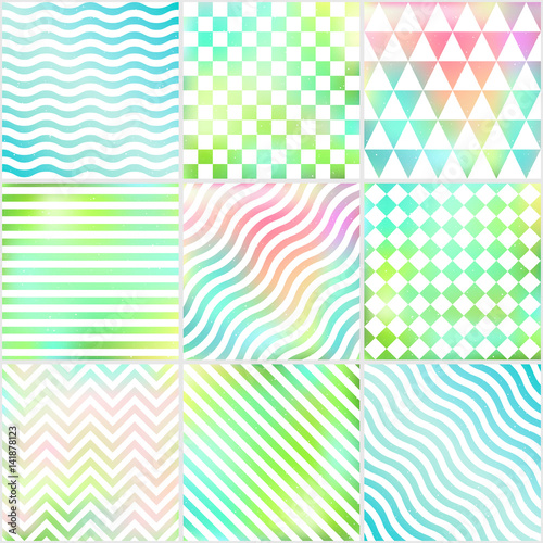Blurred geometric abstract backgrounds. Colorful green, blue, rainbow festive covers. Set of backgrounds in fresh colors for design in vector.
