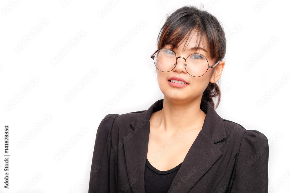 Thoughful business asian glasses women looking up