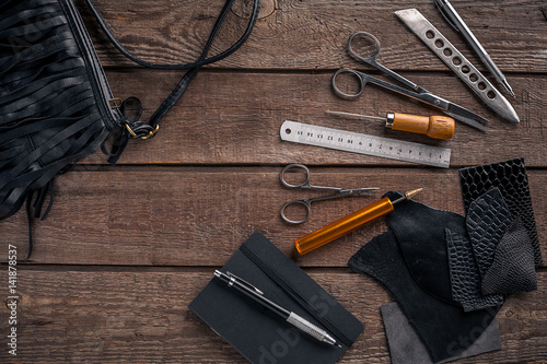 Leather crafting. Tools flat lay still life