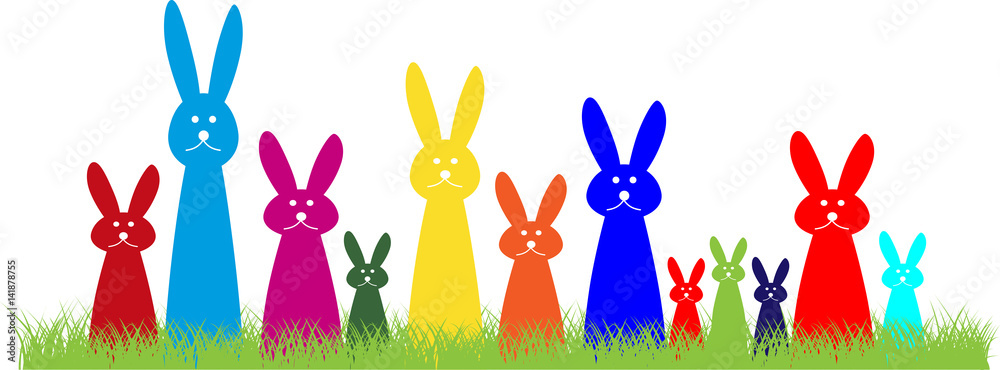 Fototapeta premium 12 bunte Osterhasen im Gras