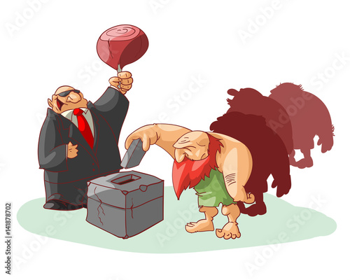 Vector illustration of group of cavemen voting, misled by cheap promises of food