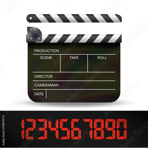 Clapper Board Vector. Digital Film Movie Clapper Board With Red Digital Numbers.