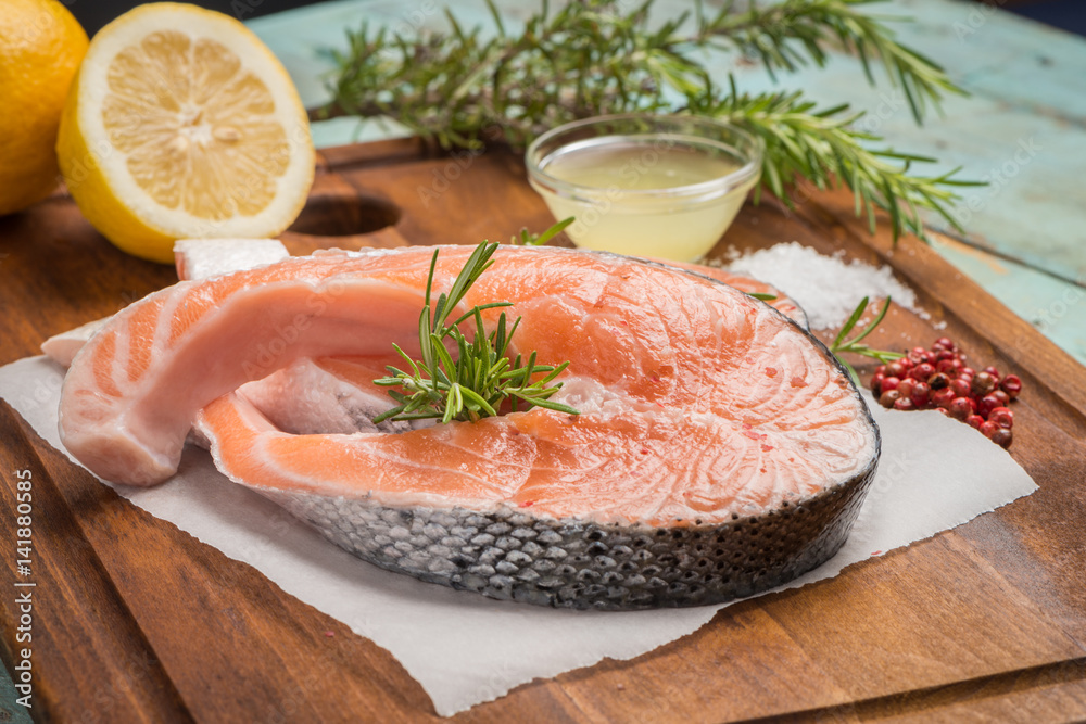 Raw salmon steak